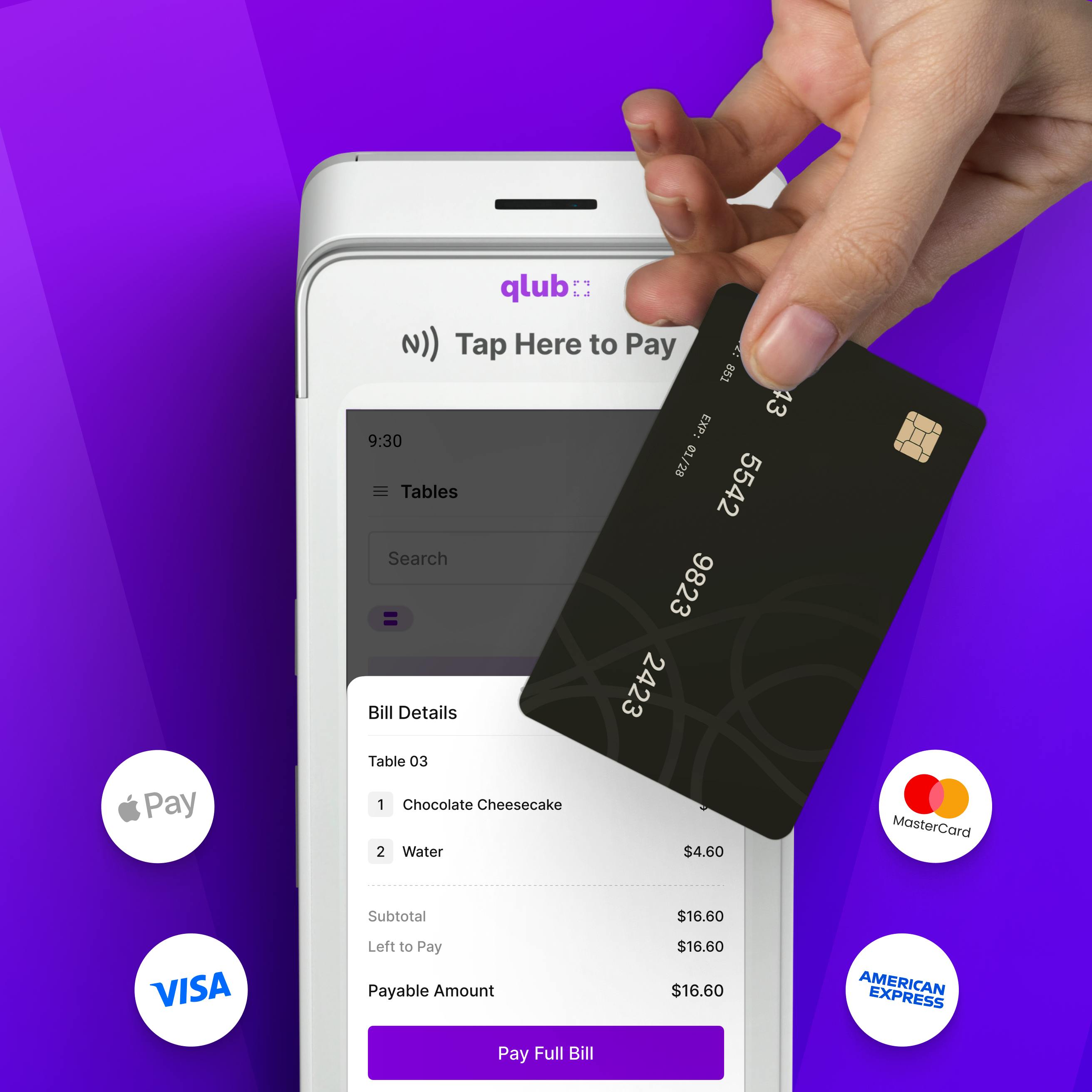 A guest taps a card on the Smart Integrated Terminal to pay at the table